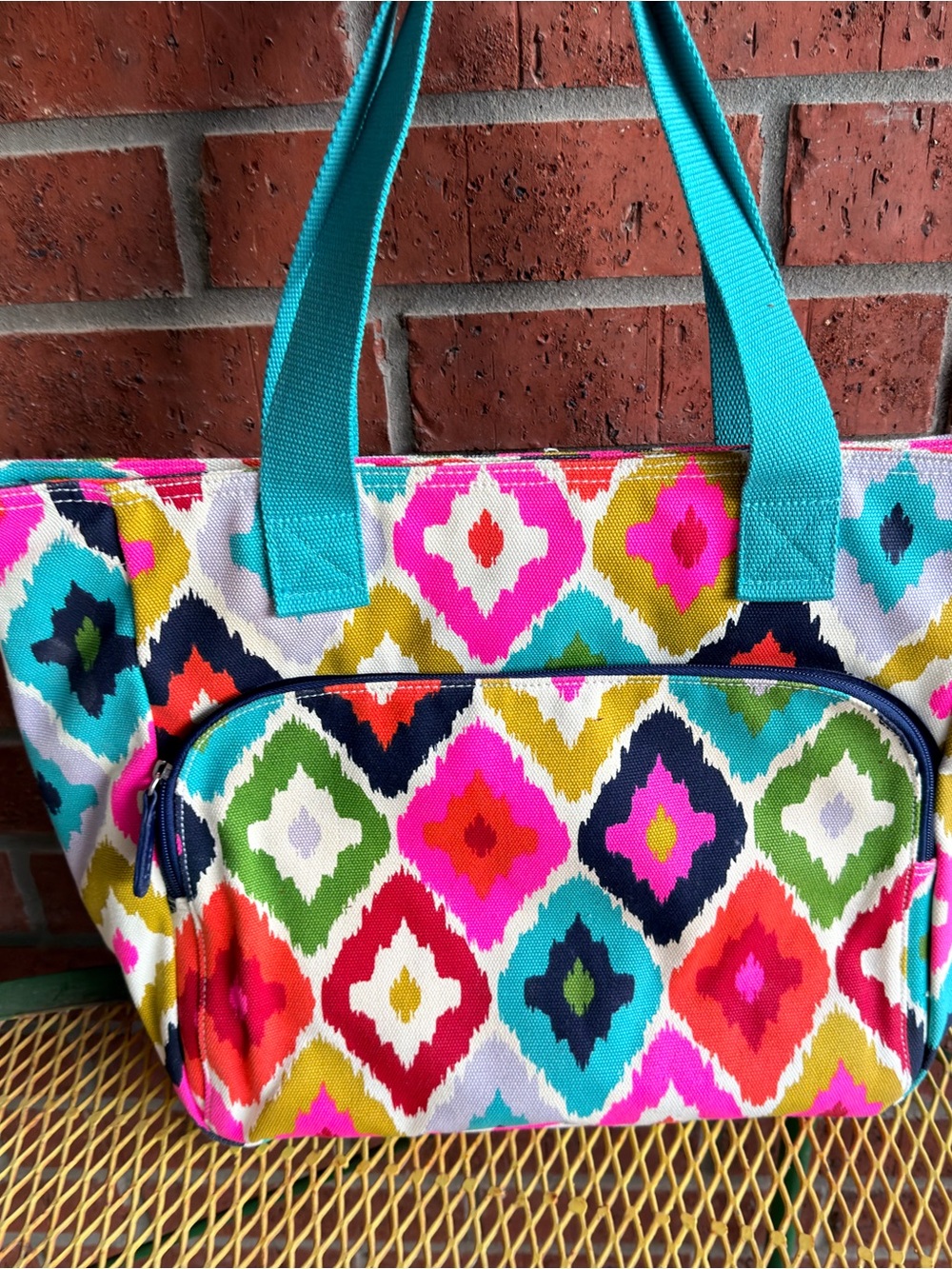 Vibrant Multi-Color Geometric Laptop Bag with Teal Handles, Almost new